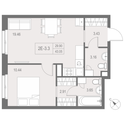 43 м², 1-комн. квартира, 3/17 этаж