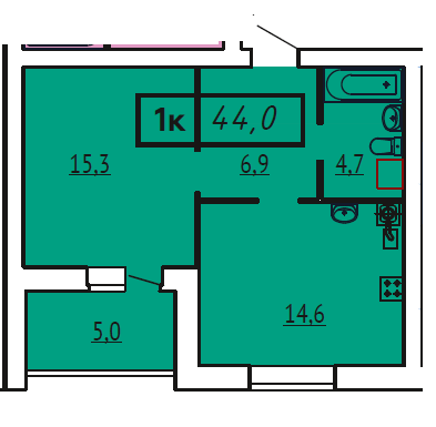 Продажа 1-комнатной квартиры 44 м², 4/9 этаж