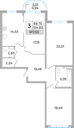 104,8 м², 3-комн. квартира, 13 этаж