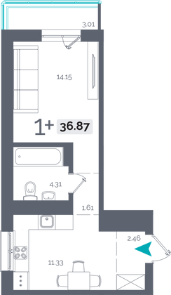 36,9 м², 1-комн. квартира, 11/15 этаж