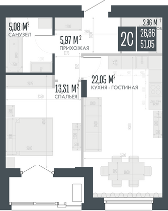 Продажа 2-комнатной квартиры 51 м², 7/15 этаж