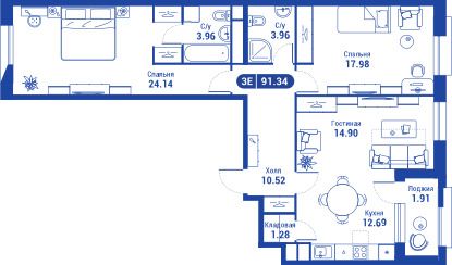 90,4 м², 3-комн. квартира, 6/37 этаж