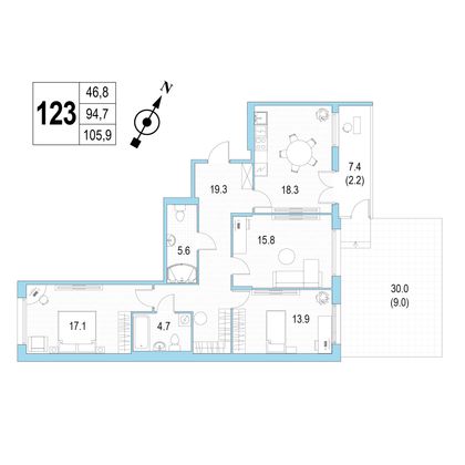 Продажа 3-комнатной квартиры 105,9 м², 1/4 этаж