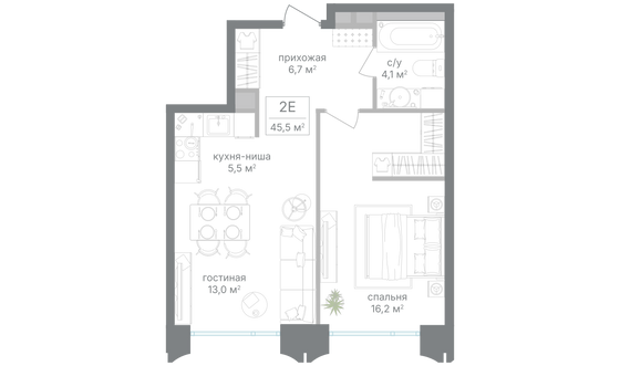 Продажа 1-комнатной квартиры 45,5 м², 7/25 этаж