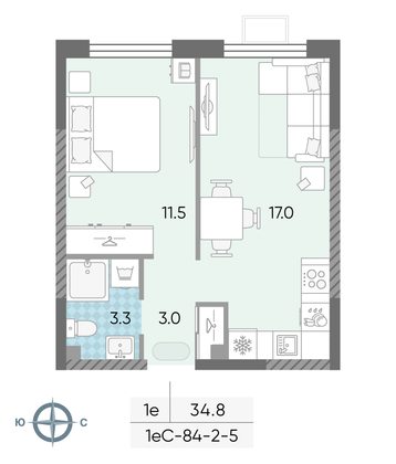 Продажа 1-комнатной квартиры 34,8 м², 5/24 этаж