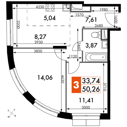 50,3 м², 3-комн. квартира, 13/15 этаж