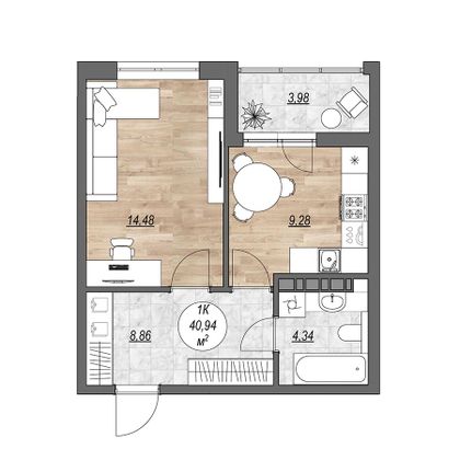 Продажа 1-комнатной квартиры 44,9 м², 3/9 этаж