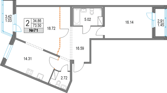 Продажа 2-комнатной квартиры 73,5 м², 12/19 этаж