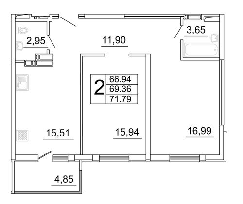 71,9 м², 2-комн. квартира, 14/27 этаж