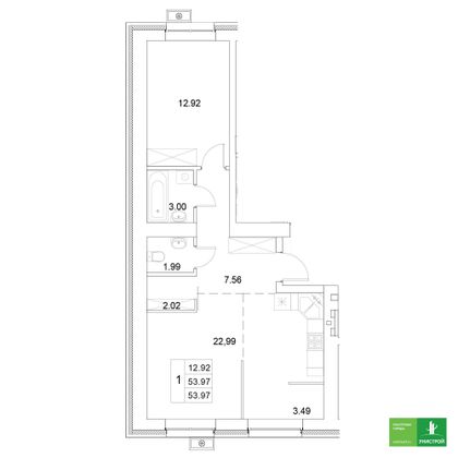 54 м², 1-комн. квартира, 5/10 этаж