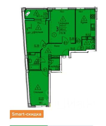 Продажа 3-комнатной квартиры 70,1 м², 2/18 этаж