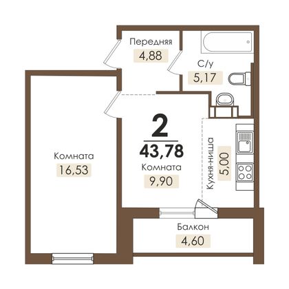 44 м², 2-комн. квартира, 7/10 этаж