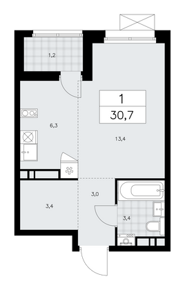 30,7 м², своб. планировка, 10/12 этаж