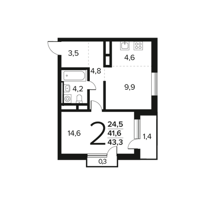 43,3 м², 2-комн. квартира, 8/14 этаж