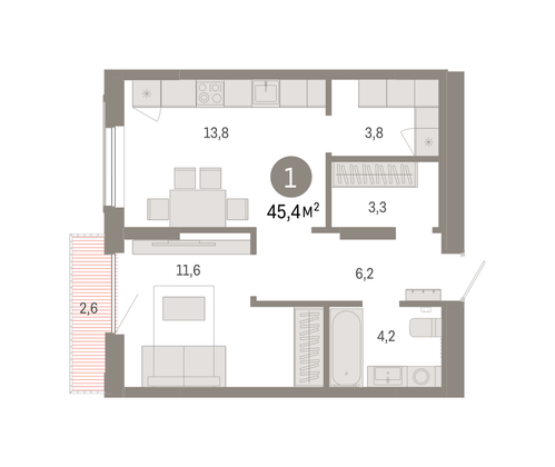Продажа 1-комнатной квартиры 45,4 м², 16/17 этаж