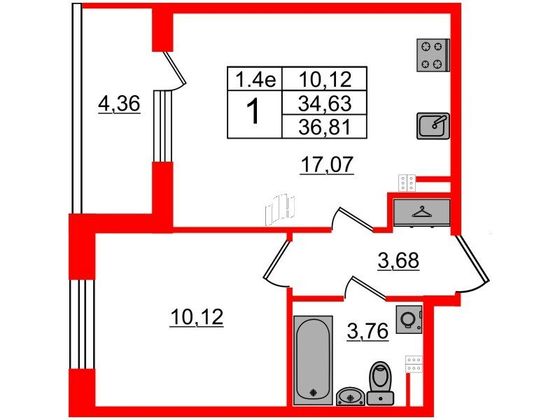 Продажа 1-комнатной квартиры 34,6 м², 4/5 этаж