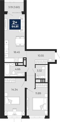64,8 м², 2-комн. квартира, 2/22 этаж