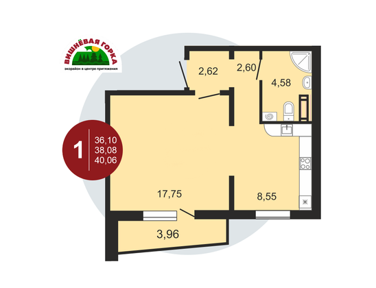 Продажа 1-комнатной квартиры 40,1 м², 2/11 этаж