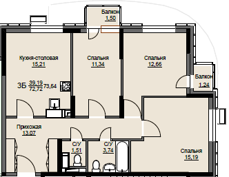 73,5 м², 3-комн. квартира, 2/17 этаж