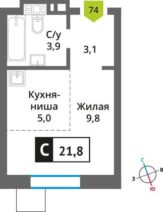 Продажа квартиры-студии 21,8 м², 2/9 этаж