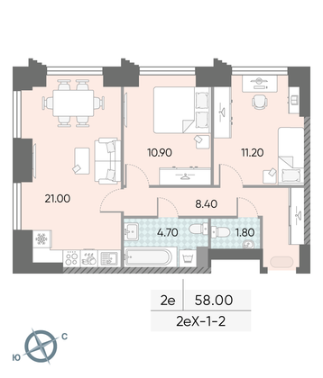 Продажа 2-комнатной квартиры 58 м², 2/58 этаж