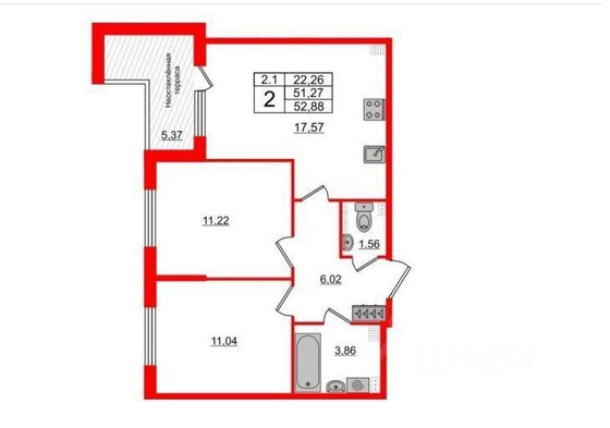 Продажа 2-комнатной квартиры 52 м², 5/5 этаж