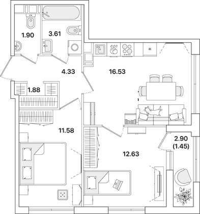 53,9 м², 2-комн. квартира, 4/12 этаж