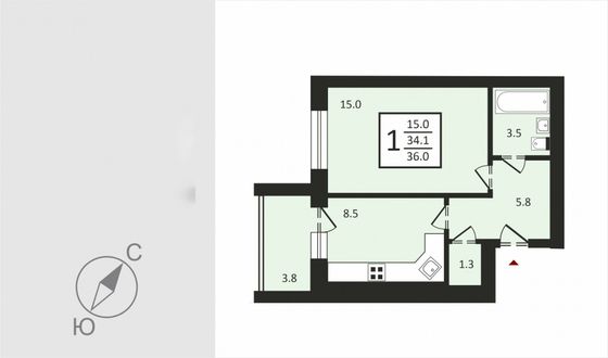 Продажа 1-комнатной квартиры 35,6 м², 3/4 этаж