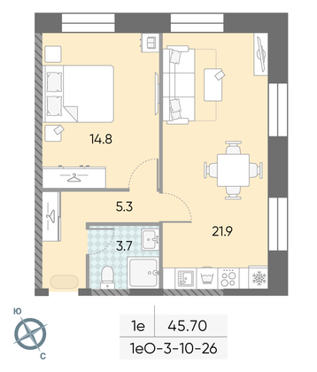 Продажа 1-комнатной квартиры 45,7 м², 18/28 этаж