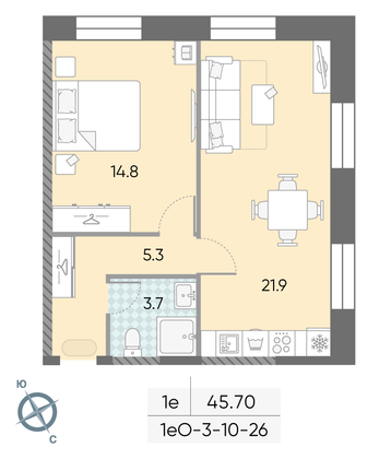 45,7 м², 1-комн. квартира, 10/28 этаж