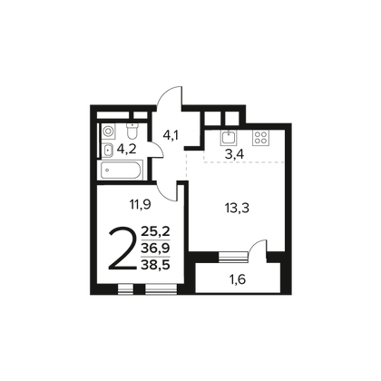 38,5 м², 2-комн. квартира, 13/14 этаж