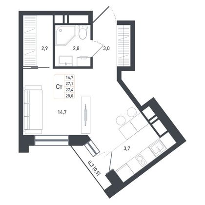 27,4 м², студия, 7/8 этаж