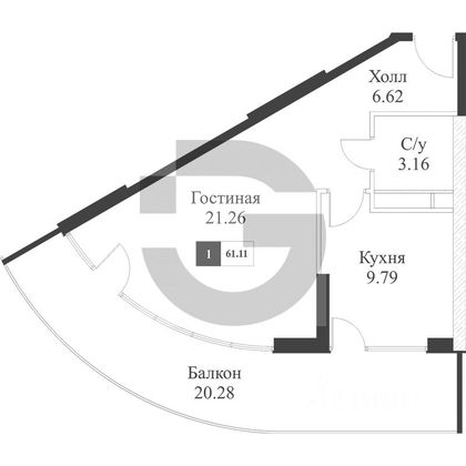 Продажа 1-комнатной квартиры 61,1 м², 3/18 этаж