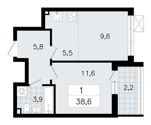 38,6 м², 2-комн. квартира, 2/12 этаж