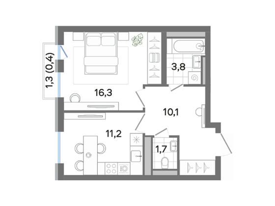 43,5 м², 1-комн. квартира, 2/4 этаж