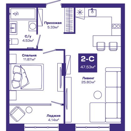 Продажа 2-комнатной квартиры 47,5 м², 8/8 этаж