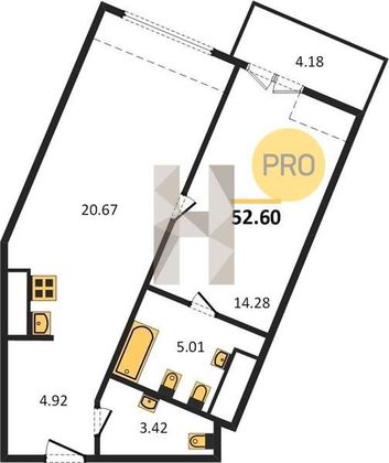 Продажа 1-комнатной квартиры 52,6 м², 7/9 этаж