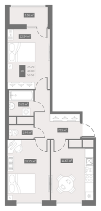 50,6 м², 2-комн. квартира, 6/10 этаж