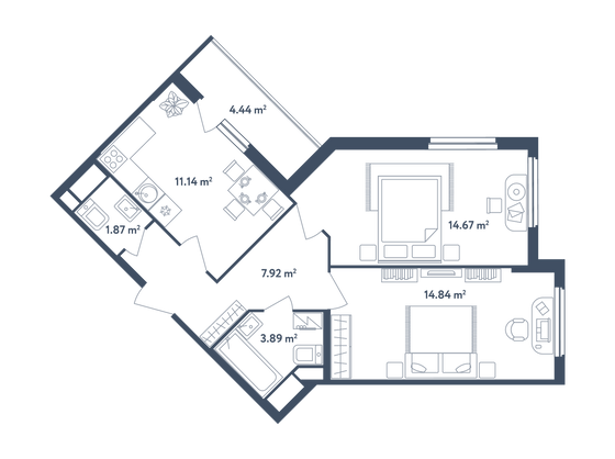 56,5 м², 2-комн. квартира, 3/4 этаж