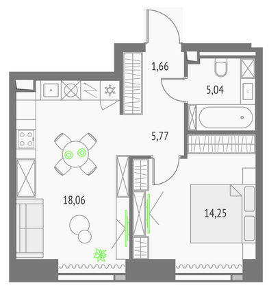 44,8 м², 1-комн. квартира, 33/57 этаж