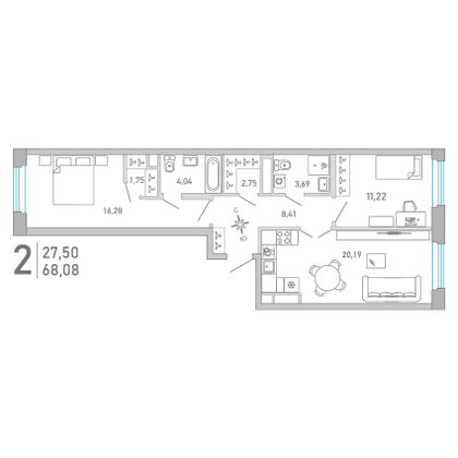 68,1 м², 2-комн. квартира, 7/10 этаж