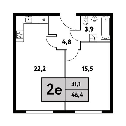 46,4 м², 2-комн. квартира, 33/35 этаж