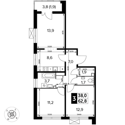 62,8 м², 3-комн. квартира, 7/12 этаж
