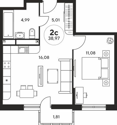 38,7 м², 2-комн. квартира, 25 этаж