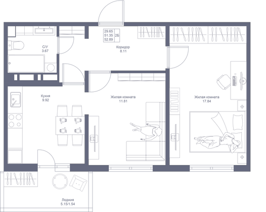 52,9 м², 2-комн. квартира, 2/10 этаж