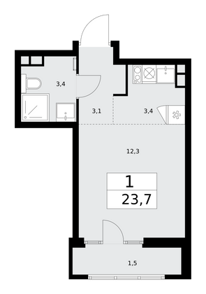 23,7 м², 1-комн. квартира, 13/15 этаж