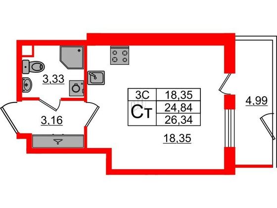 Продажа квартиры-студии 24,8 м², 1/5 этаж