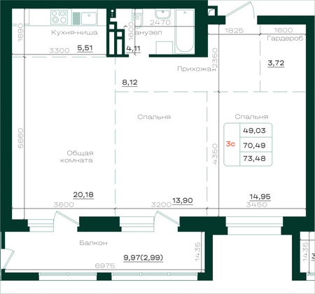 Продажа 3-комнатной квартиры 73,5 м², 2/21 этаж