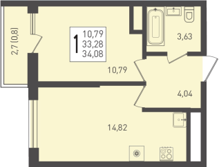 34,1 м², 1-комн. квартира, 12/24 этаж