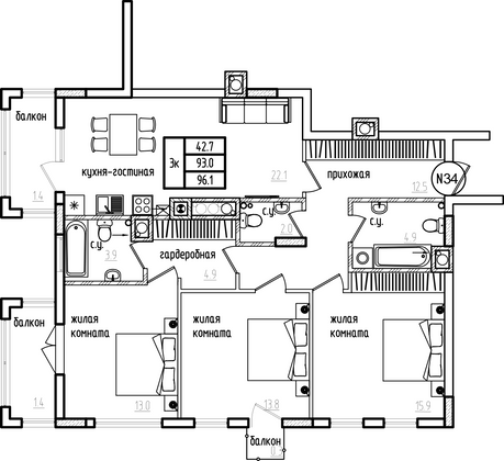 106 м², 3-комн. квартира, 7/9 этаж